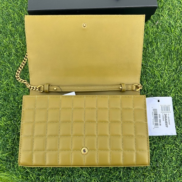 SAINT LAURENT CASSANDRE LARGE WALLET ON CHAIN QUILTED LEATHER GREEN GOLD NEW! - Picture 10 of 16
